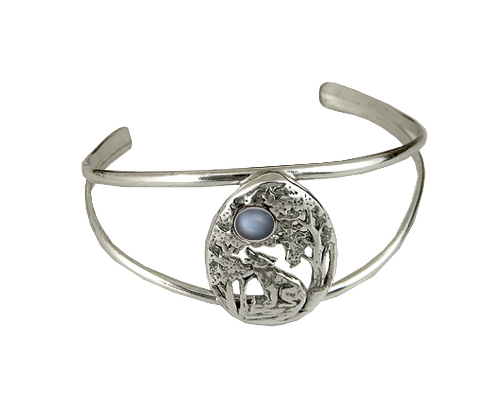 Sterling Silver Howling Wolf Cuff Bracelet With Grey Moonstone